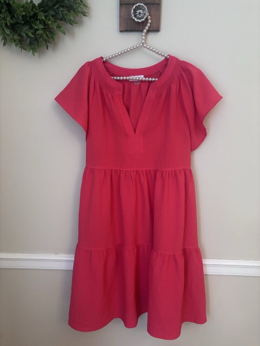 Calvin Klein Womens Size 14 Red Orange Dress Flutter Sleeve Pockets Tiered